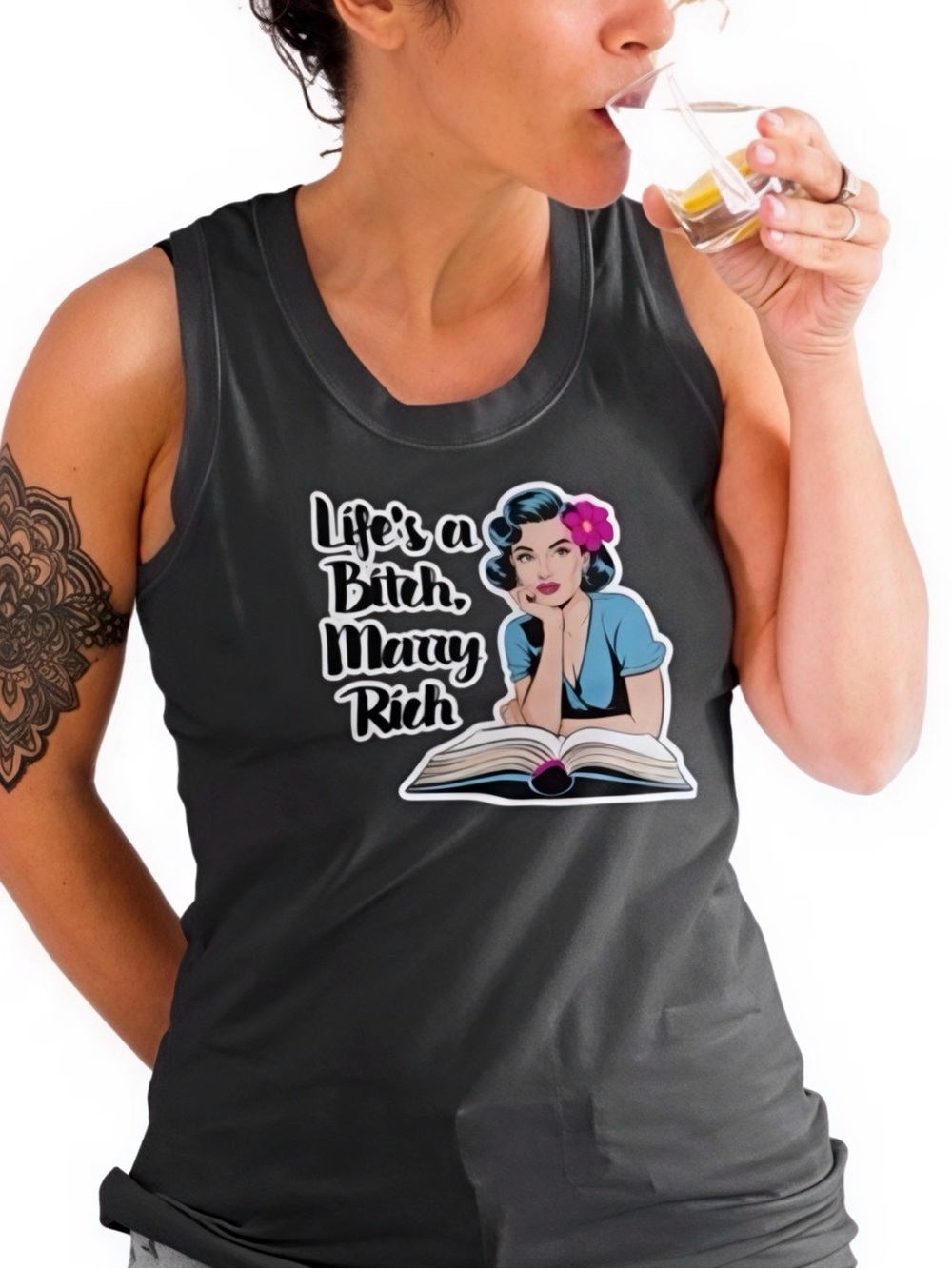 ‘Life’s a Bi$&h, Marry Rich’ Pin Up Black Heather Graphic Muscle Tee